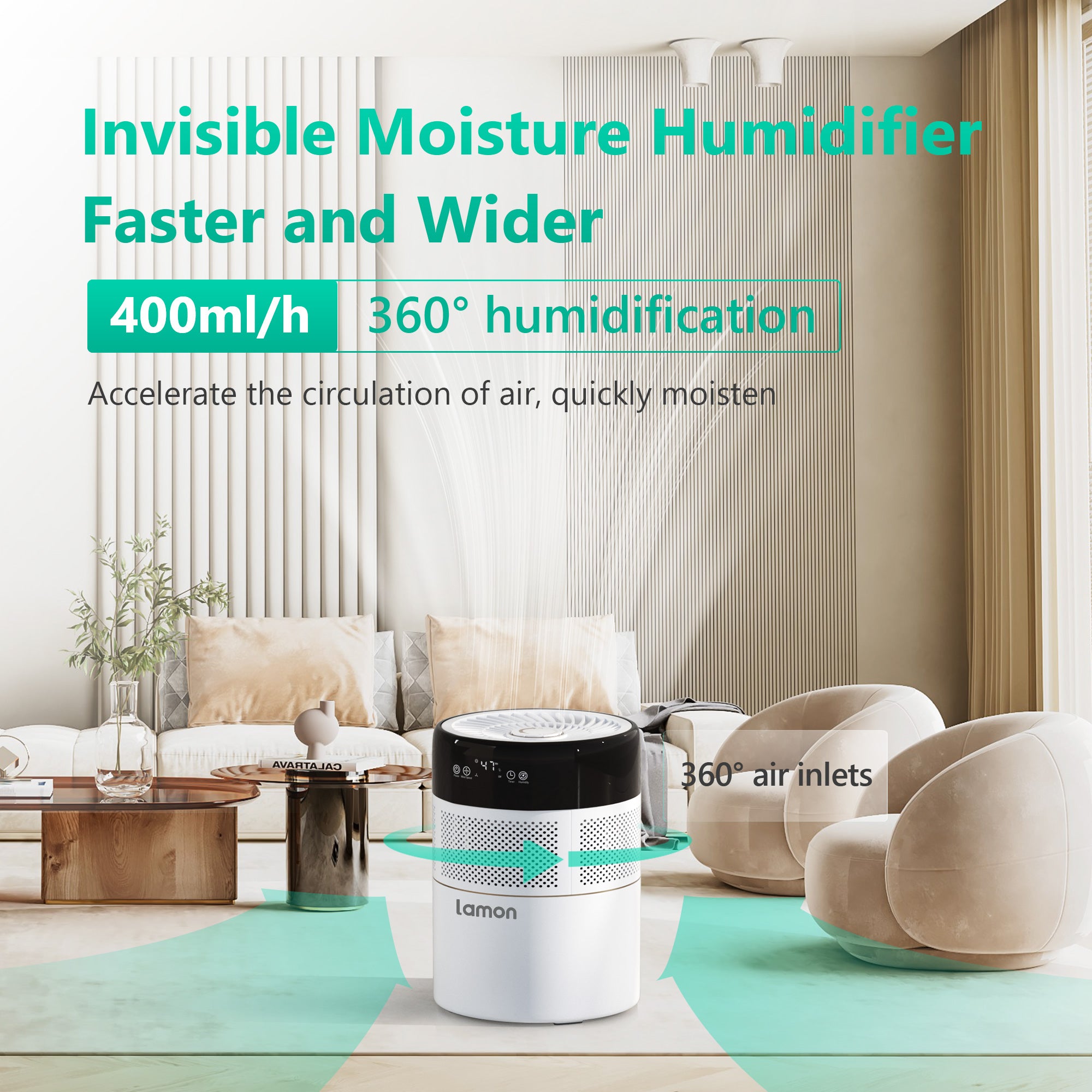 Lamonยฎ MistZero Evaporative Humidifier with ๐๐ & ๐๐ง๐ข๐จ๐ง & Ag+๏ผ4.5L,400ml/H