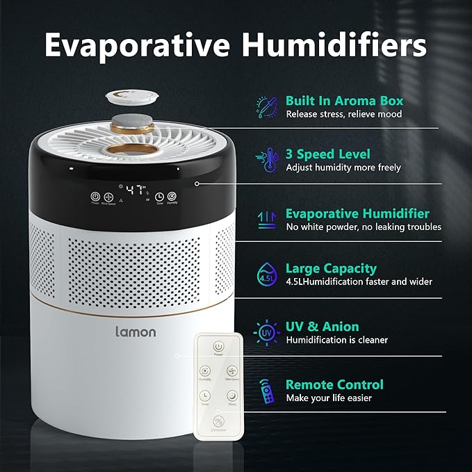Lamonยฎ MistZero Evaporative Humidifier with ๐๐ & ๐๐ง๐ข๐จ๐ง & Ag+๏ผ4.5L,400ml/H
